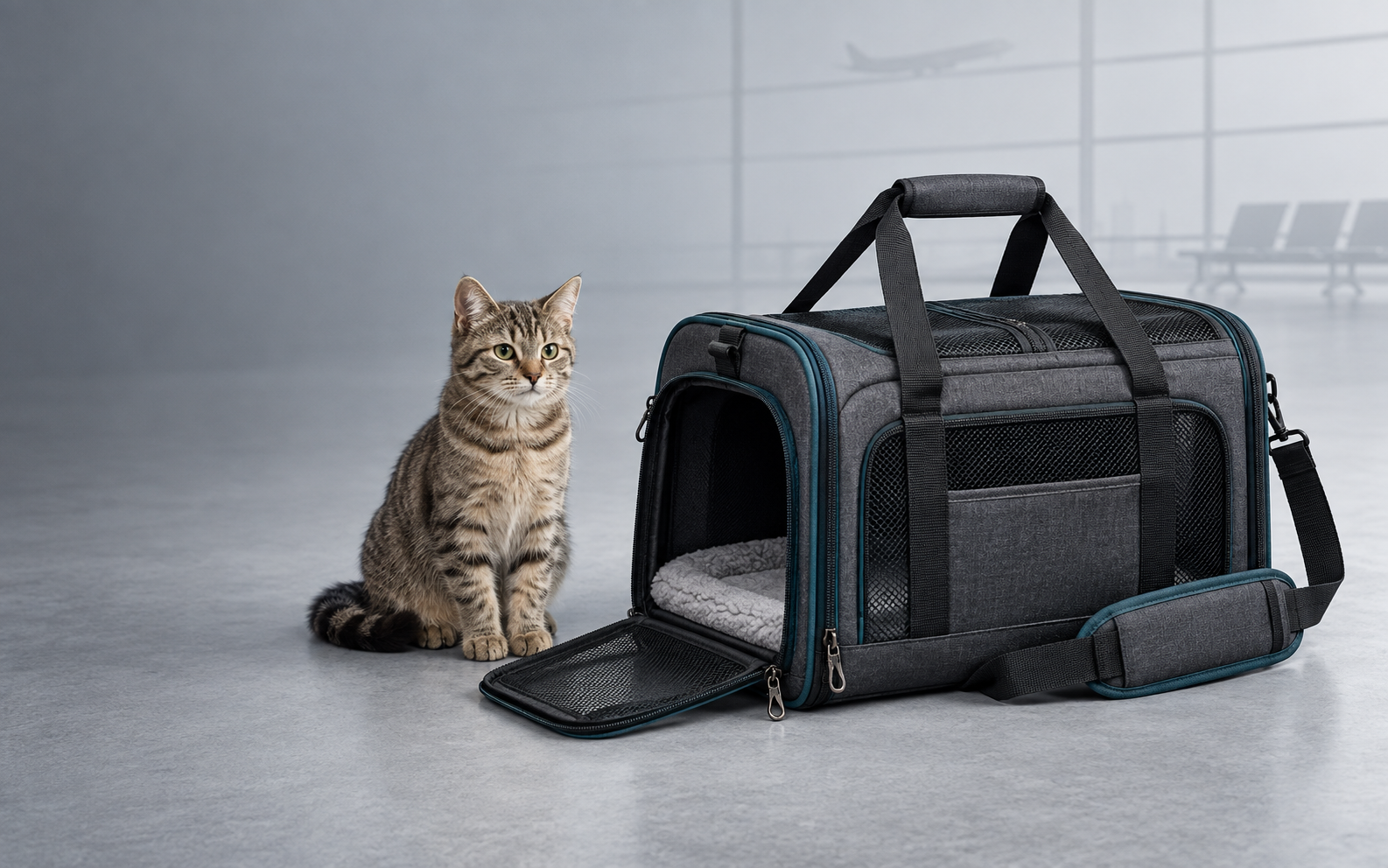 Concept visualization of a graphite soft-sided pet carrier beside a tabby cat