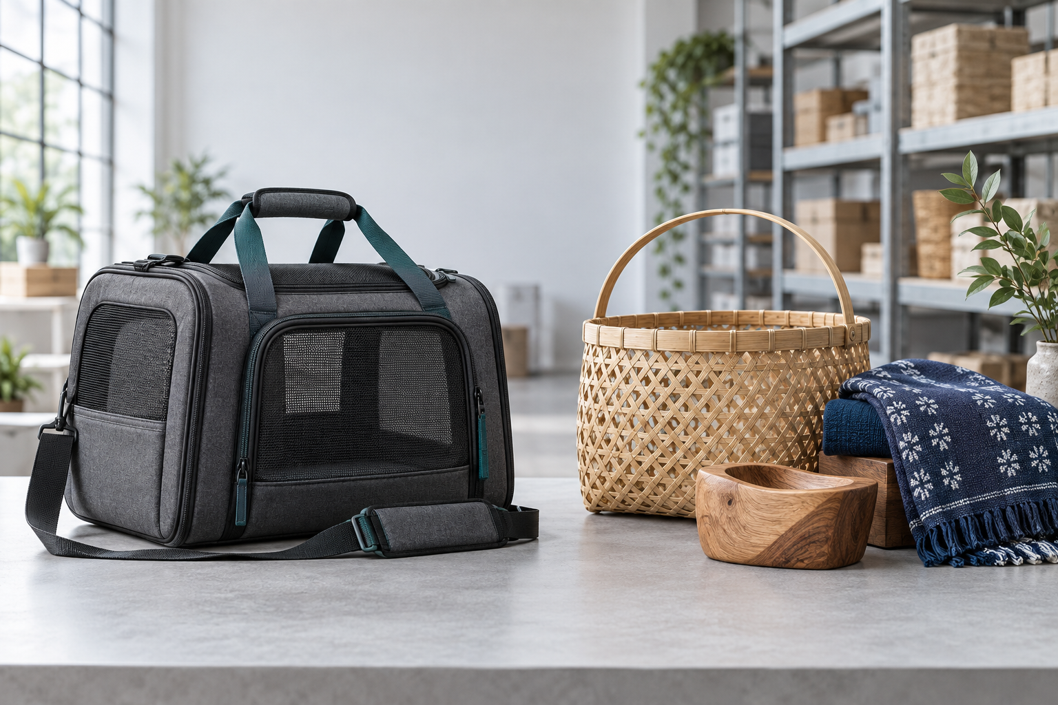 Pet travel carrier displayed with a woven bamboo basket, indigo textile and carved wooden homeware